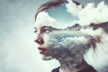 Double exposure image of woman portrait with the sky and cloudscape for peaceful mind and psychological tranquility concept. Meditative and mental ability abstract art. Superb Generative AI. Double exposure image of woman portrait with the sky and peaceful mind