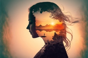 Double exposure image woman portrait with the orange sunset for peaceful mind and psychological concept. Meditative and healthy mental therapy abstract art. Superb Generative AI. Double exposure woman portrait with the orange sunset for peaceful mind
