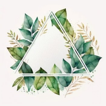 Triangle frame of green leaves with watercolor painting with watercolor painting isolated on white background. Theme of vintage minimal art design in geometric. Finest generative AI.. Triangle frame of green leaves with watercolor painting.
