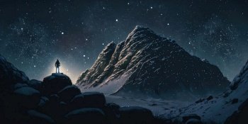 A journey of a lonely man through mountain landscape in the night sky. superlative generative AI image.. A journey of a lonely man through mountain landscape in the night sky