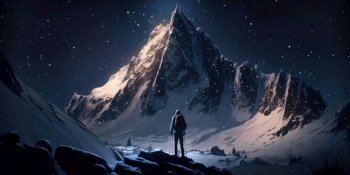 A journey of a lonely man through mountain landscape in the night sky. superlative generative AI image.. A journey of a lonely man through mountain landscape in the night sky