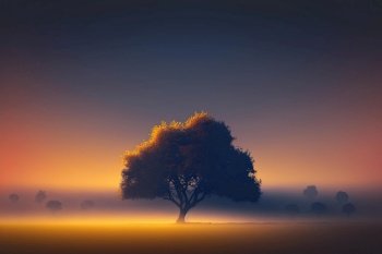 Tranquil minimal landscape in foggy morning scene. superlative generative AI image.. Tranquil minimal landscape in foggy morning scene