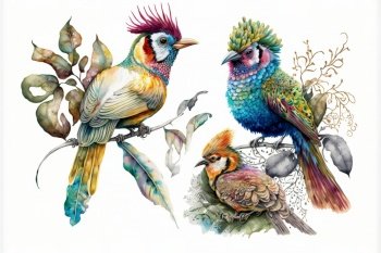 Wondrous watercolor painting illustration of colorful birds perched on tree branch with foliage and flowers on isolated background. Nature and wildlife in hand painting style by Generative AI.. Wondrous watercolor painting of colorful birds perched on tree branch.