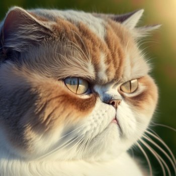 Ravishing hyper realistic portrait of happy exotic shorthair cat in natural outdoor lush with flower in background as concept of modern domestic pet by Generative AI.. Realistic exotic shorthair cat on ravishing natural outdoor background
