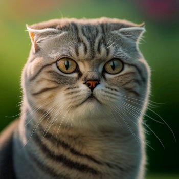 Ravishing hyper realistic portrait of happy scottish fold cat in natural outdoor lush with flower in background as concept of modern domestic pet by Generative AI.. Realistic scottish fold cat on ravishing natural outdoor background