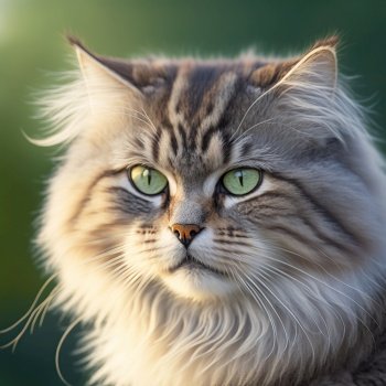 Ravishing hyper realistic portrait of happy siberian cat in natural outdoor lush with flower in background as concept of modern domestic pet by Generative AI.. Realistic siberian cat on ravishing natural outdoor background