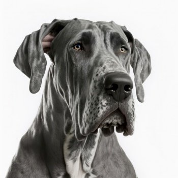Adorable great dane dog portrait looking at camera isolated on white background as concept of domestic pet in ravishing hyper realistic detail by Generative AI.. Ravishing adorable great dane dog portrait.