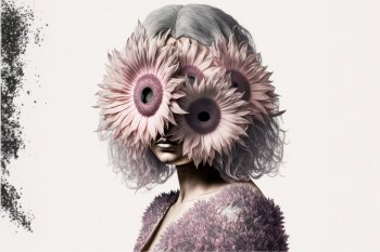Modern fashionable pale woman in with silver hair and pink flower design mask on isolated white background. Contemporary floral abstract portrait beautiful girl concept. Superb Generative AI. Modern fashionable pale woman in with silver hair and pink flower mask