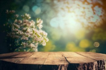 Wooden tabletop view with blurred spring natural greenery background. Flawless Generative AI. Wooden tabletop view with blurred spring natural greenery background. Flawless