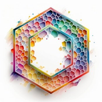 Empty hexagon frame on white background. Concept of overlapped mystery colorful watercolor box. Finest generative AI.. Empty hexagon frame on white background.