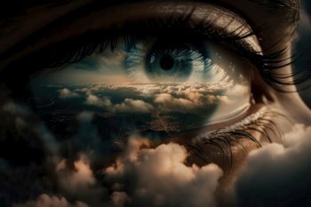 Dream and imagination through human vision eye sight into the cloud in sky. distinct generative AI image.. Dream and imagination through human vision eye sight into the cloud in sky