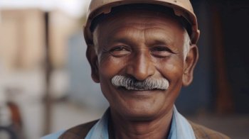 A smiling senior Indian male construction worker standing in construction site. Generative AI AIG19.. A smiling senior Indian male construction worker standing in construction site