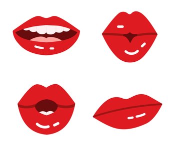 Cartoon lips. Glossy red seductive lipstick for ladies. Kissing, smiling with teeth, surprised and hesitating expressions. Female plump lips with half open and closed positions isolated vector set. Cartoon lips. Glossy red seductive lipstick for ladies. Kissing, smiling with teeth, surprised and hesitating expressions