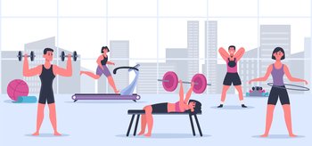 People in gym. Man and woman having sport training with different equipment. Female and male characters having fitness workout indoor. Athletes leading active and healthy lifestyle vector. People in gym. Man and woman having sport training with different equipment. Female and male characters having fitness