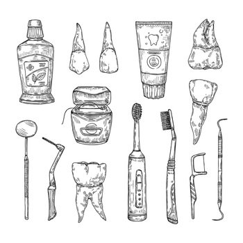 Hand drawn dental care products. Toothpaste, toothbrush and dental floss. Healthy tooth with root and mouthwash vector illustration set. Equipment for everyday dental healthcare, treatment. Hand drawn dental care products. Toothpaste, toothbrush and dental floss. Healthy tooth with root and mouthwash vector illustration set