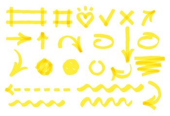 Hand drawn marker strokes. Bright yellow marker different shapes. Hand drawn dotted and wavy arrows and lines. Geometric elements such as circles square, rectangle and heart vector isolated set