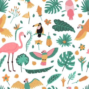 Exotic tropical leaves and birds seamless pattern. Wild flowers with rainforest green foliage. Pink flamingo, colorful parrot and toucan. Hawaiian summer flora and fauna vector textile. Exotic tropical leaves and birds seamless pattern. Wild flowers with rainforest green foliage. Pink flamingo