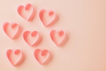Happy Valentines Day. Flat lay pink ribbon heart shaped on pastel pink background, Festive background with copy space, Mother’s day, Woman’s day