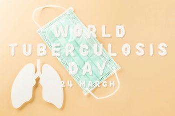 World Tuberculosis Day. Overhead lungs paper symbol and facial medical face mask on pastel background, lung cancer awareness, copy space concept of world TB day, banner background, pneumonia awareness
