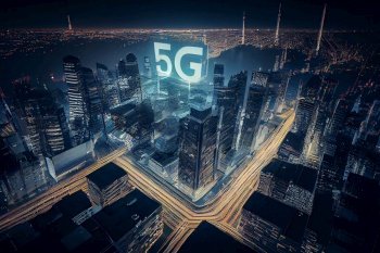Smart cityscape skyline and communication 5G network online, night internet of things, Generative AI