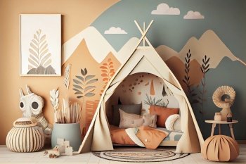 Cozy kids room with tent, Creative playroom interior decorated for child play, Montessori interior, room design, playroom, Generative AI