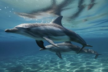 Adorable baby dolphin swimming alongside its mother in crystal-clear waters on World Oceans Day, showcasing the beauty and biodiversity of our planet’s marine ecosystems. AI Generative