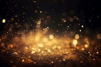 Golden glitter particles on a dark backdrop with bokeh lights and defocused Twinkly Lights. Shiny texture for festive celebration and luxury gala. AI Generative.