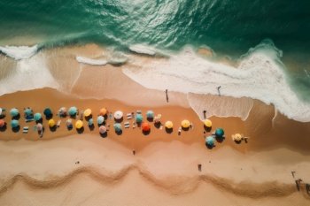 Idyllic panoramic view of a beach paradise during summertime, with many umbrellas and people enjoying various leisure activities, perfect for promoting tourism and vacation destinations. AI Generative