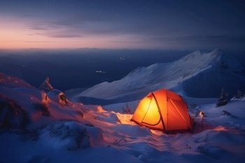 A starry night in a snowy landscape a tent and a sleeping bag, the only sounds are nature’s. AI Generative