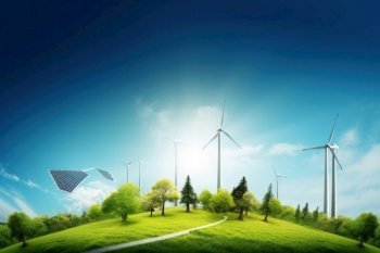 The green earth with windmills showcasing a sustainable future. Efficient alternative to carbon-producing methods. Combatting climate change. Generative AI.