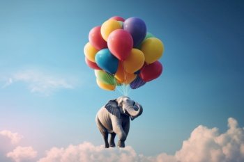 In this surreal and playful scene, a baby elephant floats in the air with a whimsical balloon while surrounded by friends and nature. This digital art and manipulation is AI Generative.