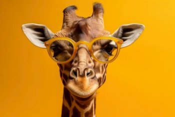 Experience the surreal with this artistic giraffe in sunglasses on a colorful yellow background. A playful addition to your designs. AI Generative.