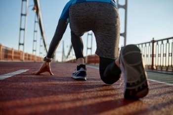 Athlete male runner feet running on treadmill closeup on shoe. Morning cardio workout, speed jogging marathon concept. Athlete runner feet running on treadmill closeup on shoe