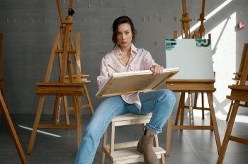 Beautiful casual woman artist drawing own portrait or still life on canvas easel sitting on chair and looking forward. Young female painter studying at professional art studio. Beautiful casual woman artist drawing on canvas easel at professional art studio