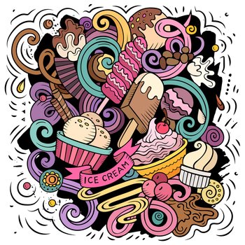 Ice Cream cartoon vector illustration. Colorful detailed composition with lot of Sweet Food objects and symbols. All items are separate. Ice Cream cartoon vector illustration