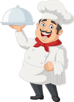 Illustration of cartoon chef holding a silver platter