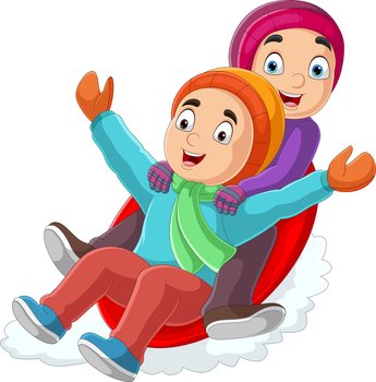 Cartoon two kids sledding down a hill