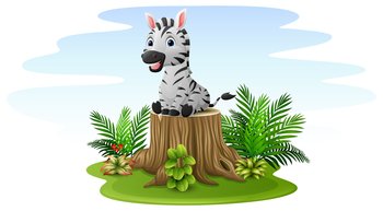 Cartoon zebra sitting on tree stump