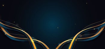 Abstract gold ribbon on blue background with lighting effect bokeh and copy space for text. Luxury design style. Vector illustration