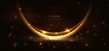 Abstract glowing gold curved element on dark  background with lighting effect glitter and sparkle with copy space for text. Luxury design style. Vector illustration
