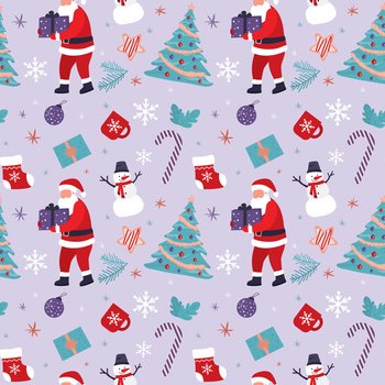 Christmas and new year seamless pattern. Santa Claus and funny attributes of Xmas celebration - snowman, sweets, traditional tree, gifts and others. Texture design template. Flat vector illustration. Christmas and new year seamless pattern. Santa Claus and funny attributes of Xmas celebration - snowman, sweets, traditional tree, gifts and others.