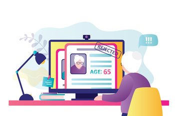 Old woman’s resume was rejected. Equal rights and opportunities for all ages. Elderly discrimination. Employment problem of seniors. Concept of ageism and social problems. Flat vector illustration