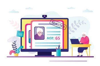Rejected resume of elderly woman on computer screen. Grandmother sits at desktop. Unfairness and employment problem of seniors. Concept of elderly discrimination and ageism. Flat vector illustration