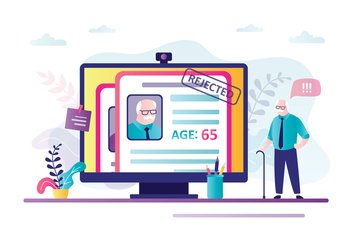 Elderly man’s resume was rejected. Summary with stamp rejected on computer screen. Concept of ageism and discrimination against elderly. Employment problem for old people. Flat vector illustration