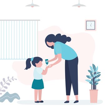 Mom treats daughter’s hands with sanitizer. Woman dripping antiseptic on girl’s hands. Protection against bacteria and viruses. Personal hygiene rules during coronavirus epidemic. Vector illustration