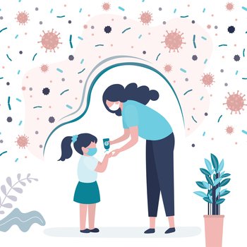 Mother in mask treats girl’s hands with antiseptic. Mom and daughter follow rules of personal hygiene. Protection against viruses and bacteria during coronavirus epidemic. Flat vector illustration