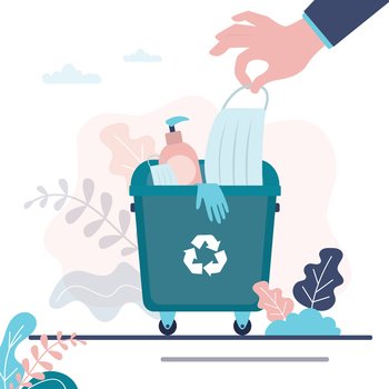 Hand puts medical mask in trash can. Recycling of personal protective equipment. Trash bin full of face masks and gloves. End of coronavirus epidemic. Concept of zero waste. Flat vector illustration