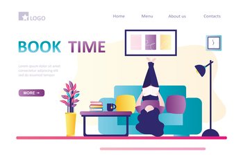 Book time, landing page template. Young woman lies on armchair upside down. Female character is reading book or textbook. Interior of room with furniture. Pastime, leisure, hobby. Vector illustration