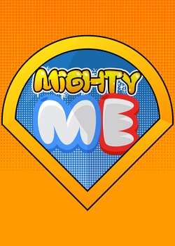 Superhero coat of arms showing Mighty Me icon. Colorful comic book style vector illustration.