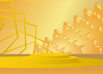 Gold Yellow Mockup product display. Abstract vector 3D room, cylinder pedestal podium. Stage showcase for presentation. Futuristic Sci-fi minimal geometric forms, empty scene.